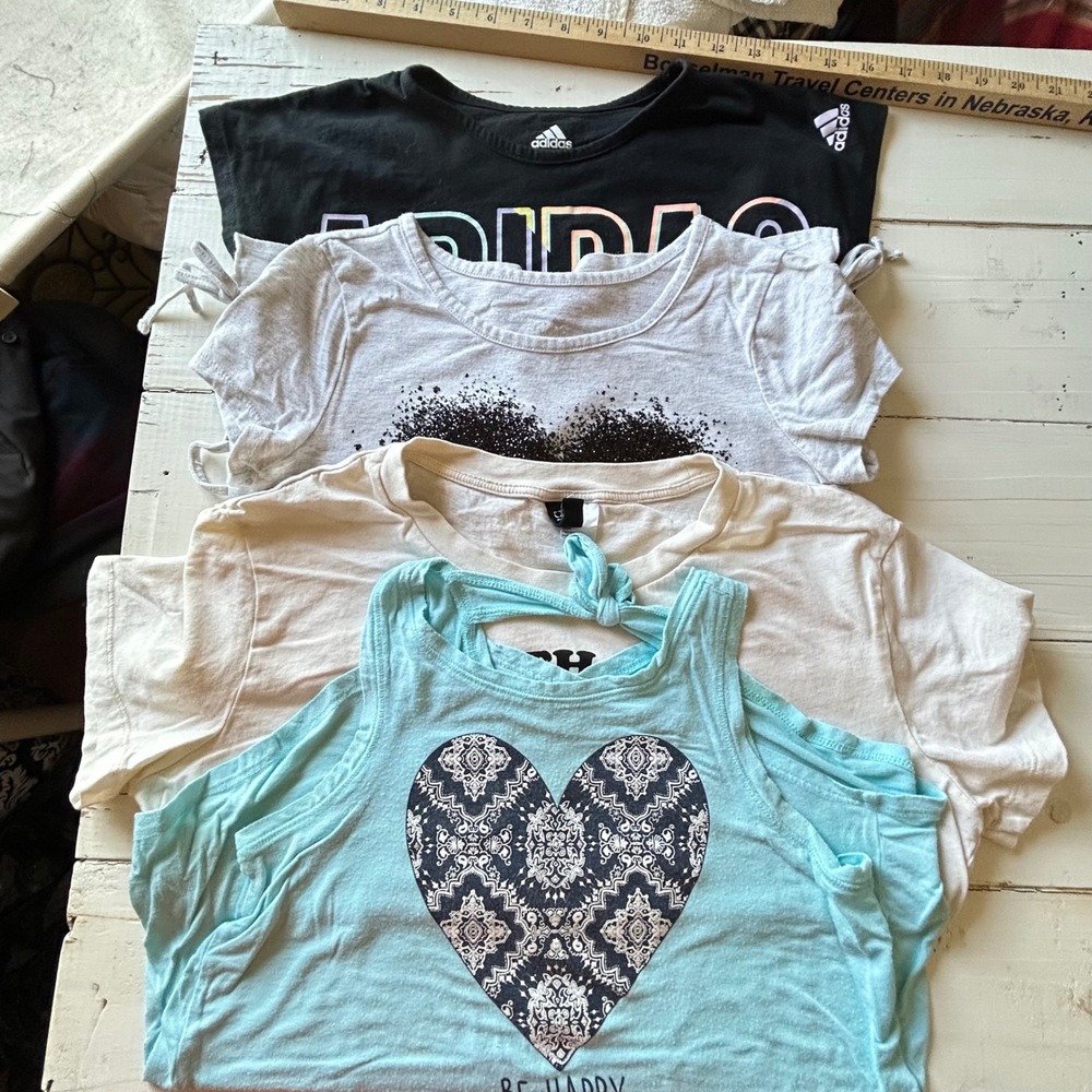 Girls Adidas Justice H&M Graphic Tee Tank Lot‎ 4pc Black Blue Grey Cream Size 10